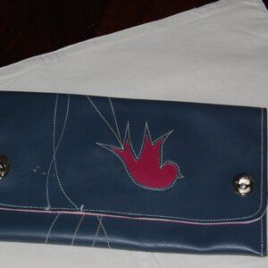 Holly Aiken Wristlet Clutch Greenish Grey With Red Accent Bird Cutout